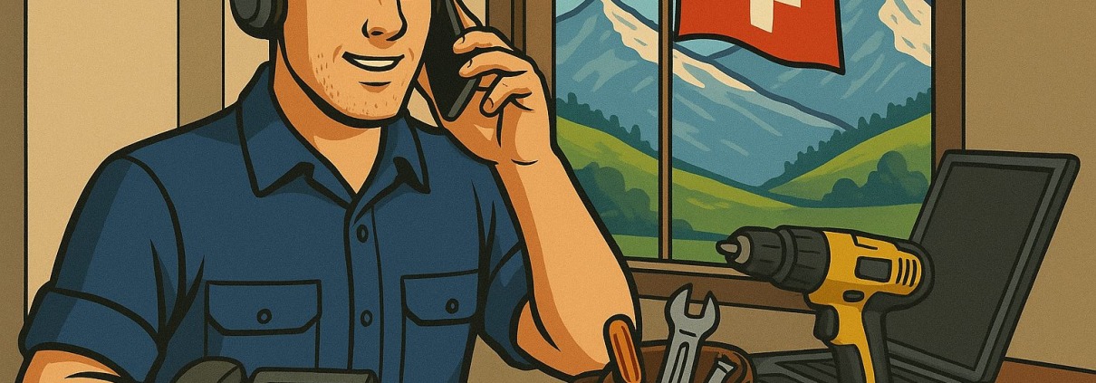 Handwerker im Büro telefoniert, während KI-Anrufannahme unterstützt – Schweizer Flagge und Alpen im Hintergrund – Thema: KI Anrufannahme im Handwerk für weniger verpasste Aufträge