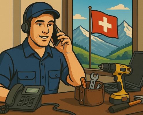 Handwerker im Büro telefoniert, während KI-Anrufannahme unterstützt – Schweizer Flagge und Alpen im Hintergrund – Thema: KI Anrufannahme im Handwerk für weniger verpasste Aufträge