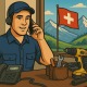 Handwerker im Büro telefoniert, während KI-Anrufannahme unterstützt – Schweizer Flagge und Alpen im Hintergrund – Thema: KI Anrufannahme im Handwerk für weniger verpasste Aufträge