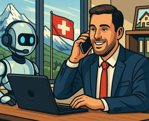KI Telefonagent unterstützt Immobilienmakler im Büro – Makler telefoniert am Laptop, KI-Roboter daneben – Schweizer Flagge und Alpen im Hintergrund – Fokus auf keine verlorenen Interessenten und bessere Erreichbarkeit