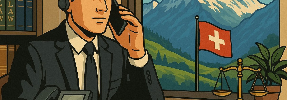 Anwalt im Büro mit Schweizer Flagge und Alpenblick – Thema: KI-Telefonassistent für Kanzleien, mehr Ruhe im Alltag und mehr Zeit für Mandanten