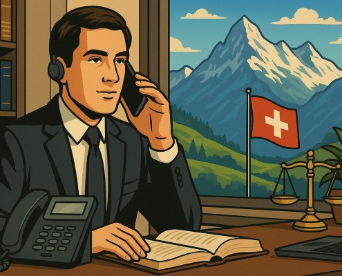 Anwalt im Büro mit Schweizer Flagge und Alpenblick – Thema: KI-Telefonassistent für Kanzleien, mehr Ruhe im Alltag und mehr Zeit für Mandanten