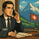 Anwalt im Büro mit Schweizer Flagge und Alpenblick – Thema: KI-Telefonassistent für Kanzleien, mehr Ruhe im Alltag und mehr Zeit für Mandanten