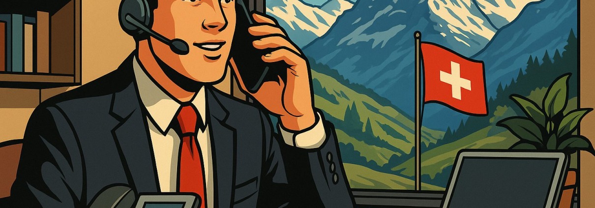 Geschäftsmann mit Headset im Büro mit Schweizer Flagge und Alpenblick – Thema: KI-Telefonassistent für Unternehmen, Effizienz, die sich bezahlt macht