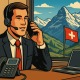 Geschäftsmann mit Headset im Büro mit Schweizer Flagge und Alpenblick – Thema: KI-Telefonassistent für Unternehmen, Effizienz, die sich bezahlt macht
