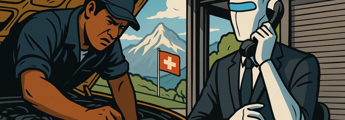 Voicebot Telefonservice für Garagen – Mechaniker arbeitet am Motor, während ein KI-Assistent im Büro Anrufe entgegennimmt – Schweizer Alpen und Flagge im Hintergrund