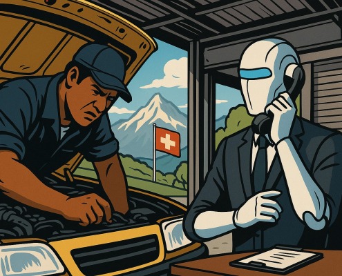 Voicebot Telefonservice für Garagen – Mechaniker arbeitet am Motor, während ein KI-Assistent im Büro Anrufe entgegennimmt – Schweizer Alpen und Flagge im Hintergrund