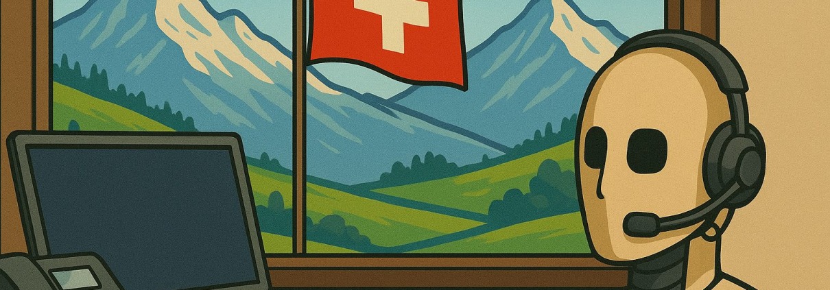 Voicebot für Versicherungsvermittler im Einsatz – Laptop und Telefon im Büro mit Schweizer Flagge und Alpen im Hintergrund – Fokus auf weniger Telefonstress und mehr Beratungszeit