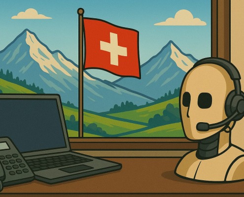 Voicebot für Versicherungsvermittler im Einsatz – Laptop und Telefon im Büro mit Schweizer Flagge und Alpen im Hintergrund – Fokus auf weniger Telefonstress und mehr Beratungszeit