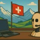 Voicebot für Versicherungsvermittler im Einsatz – Laptop und Telefon im Büro mit Schweizer Flagge und Alpen im Hintergrund – Fokus auf weniger Telefonstress und mehr Beratungszeit
