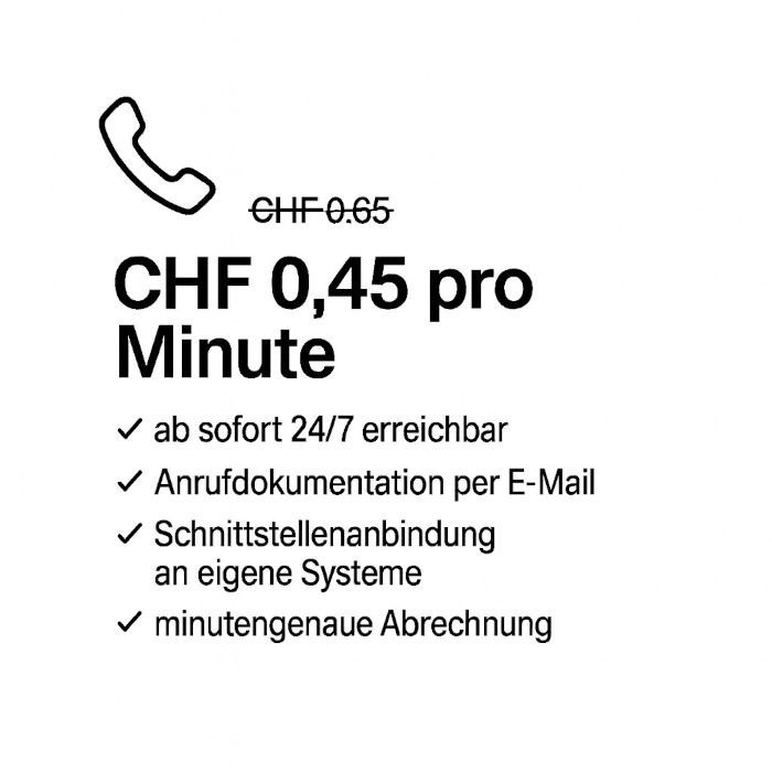 Schriftbild zu Preisen CHF 0,45 pro Minute statt CHF 0,65