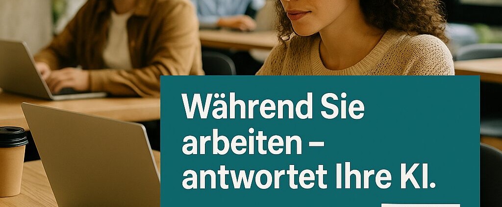 Personen arbeiten konzentriert im Co-Working-Space, während ein Werbeoverlay von ThinKIQ zeigt, dass die KI Anrufe beantwortet – Symbol für mehr Fokus und Erreichbarkeit in Schweizer Unternehmen
